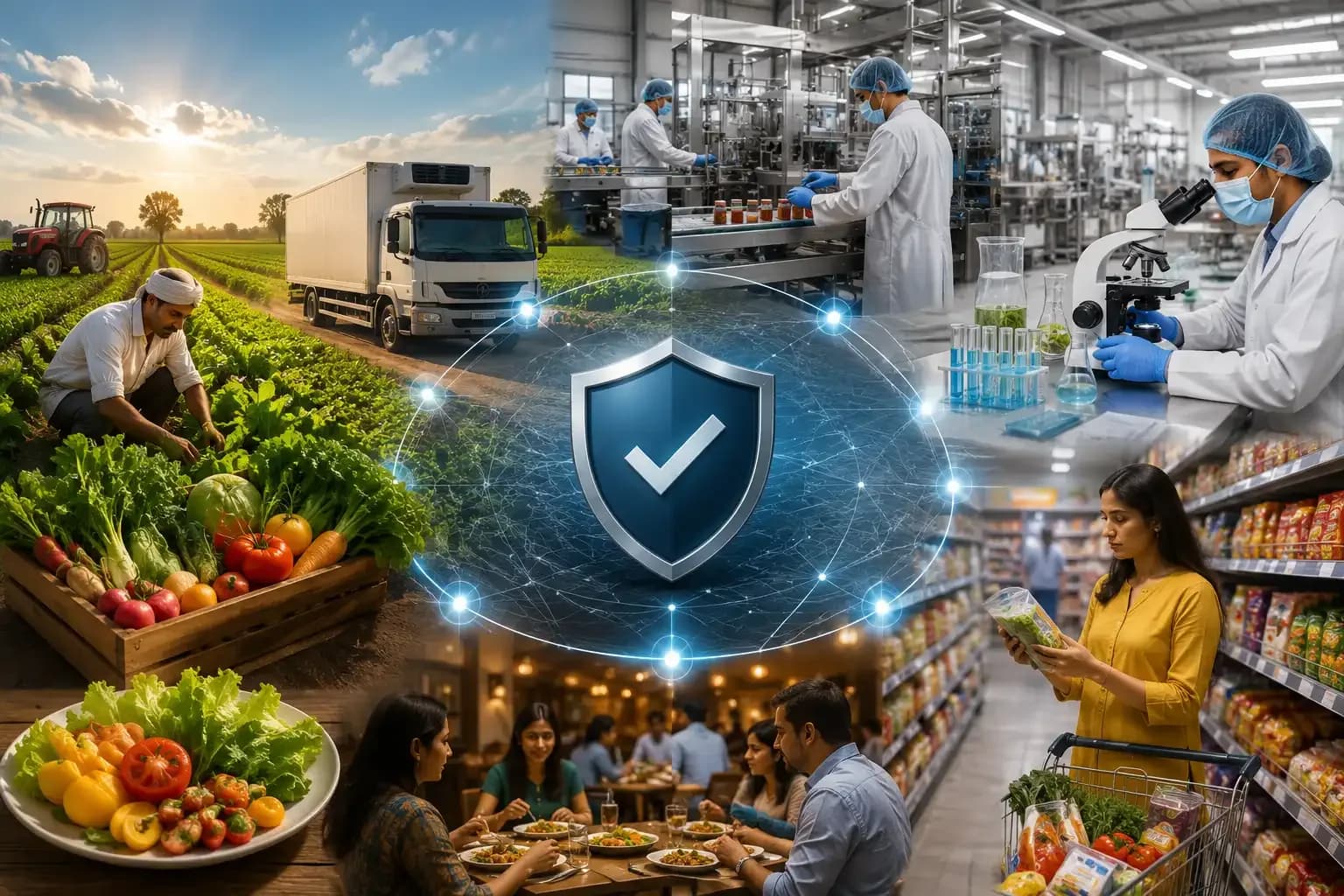 Illustration showing NITI Aayog's proposed Farm-to-Fork Food Safety Reform in India, highlighting food traceability, laboratory testing, food processing, logistics, retail, and consumer safety across the food supply chain.