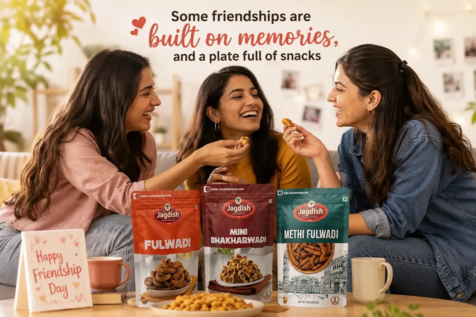 Three friends sharing Jagdish Farshan snacks including Methi Fulwadi, Fulwadi, and Mini Bhakharwadi while celebrating Friendship Day with tea and conversations.