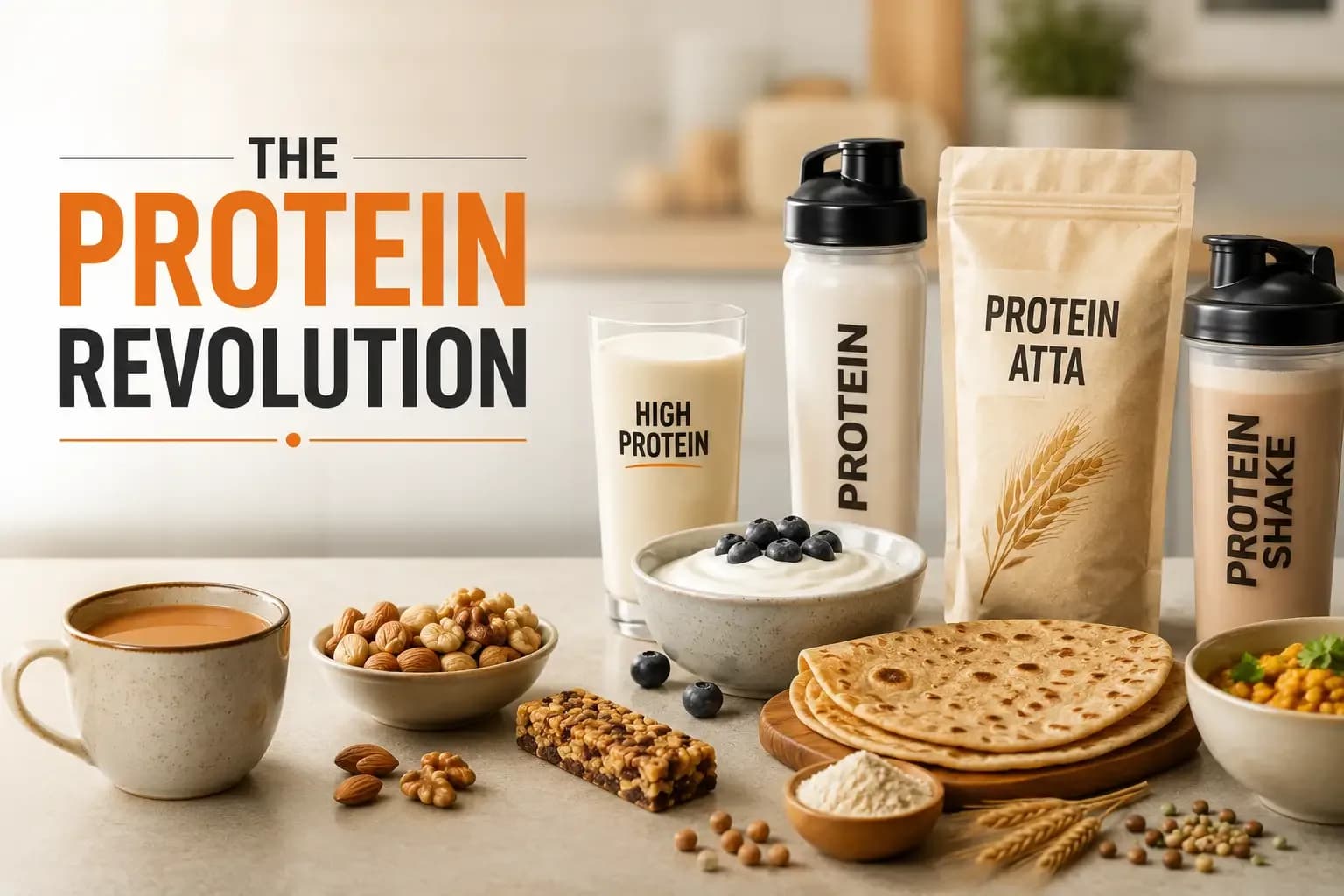 High-protein foods arranged on a modern kitchen counter, including protein milk, protein atta, yogurt, protein shake, roti, nuts, and chai, illustrating India's growing protein revolution and the shift toward high-protein pantry staples.