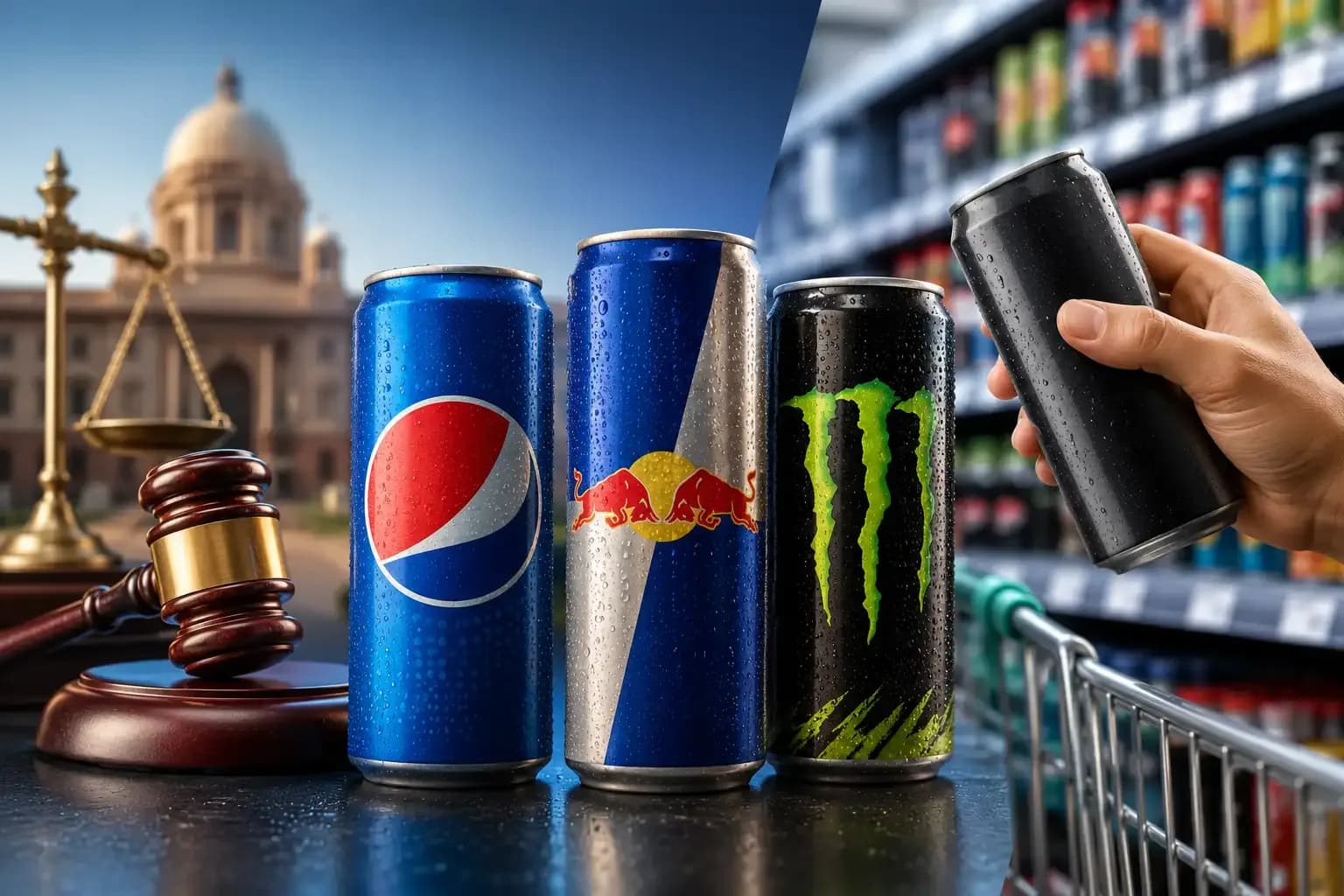 Conceptual illustration of FSSAI's decision to remove the 'Energy Drink' label in India, showing beverage cans, retail shelves, and food labeling regulations affecting the beverage industry.