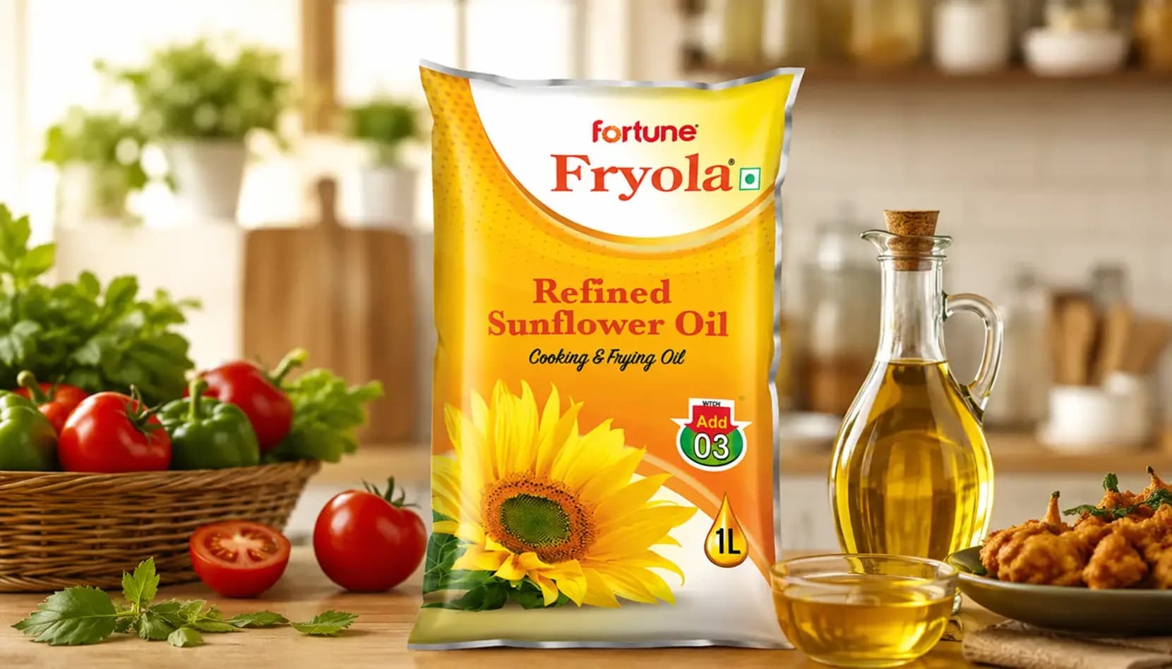 Fortune Fryola Refined Sunflower Oil pouch displayed on a kitchen counter, representing FSSAI's action against AWL Agri Business over a fortified sunflower oil sample that failed to meet the prescribed Vitamin D standard in Goa.