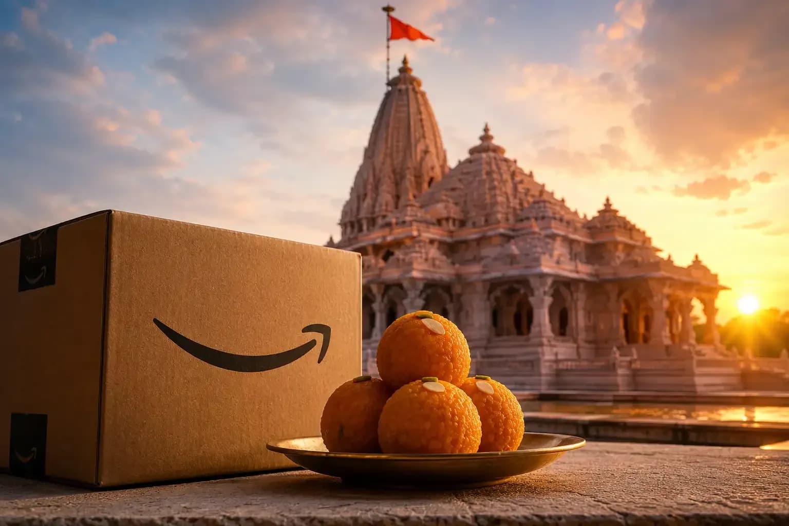 Amazon package and ladoos placed in front of the Ram Mandir in Ayodhya, illustrating the CCPA action over misleading Ram Mandir Prasad listings.