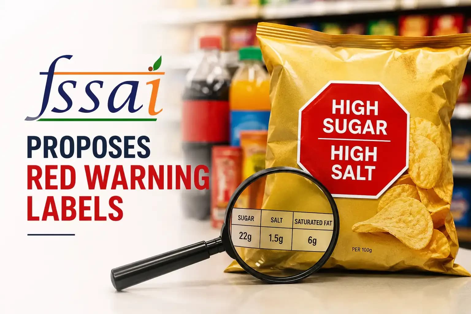 FSSAI proposed red warning labels for packaged foods high in sugar, salt and saturated fat, shown on a snack packet in a supermarket setting.