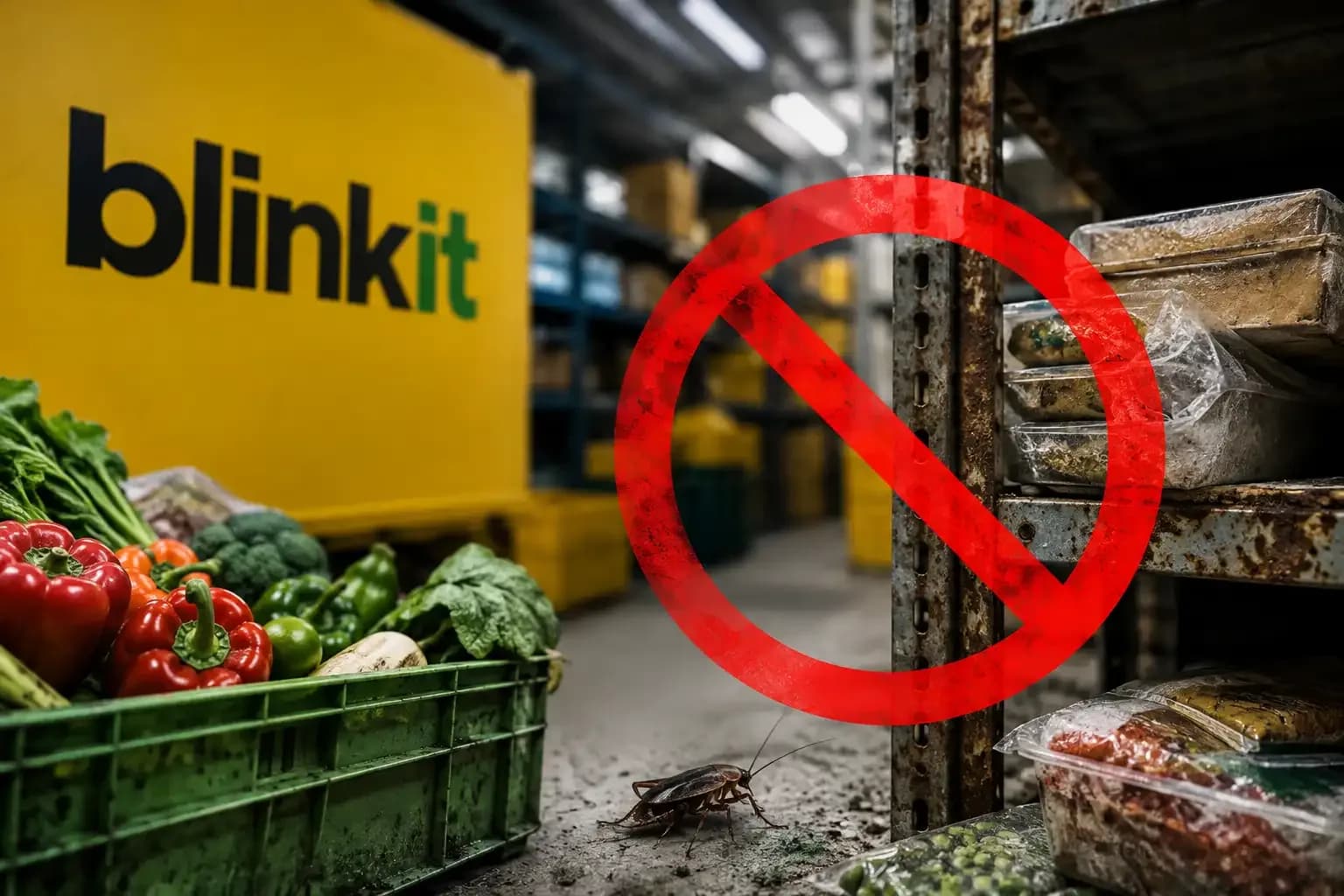 Blinkit Malad dark store depicted with food-storage racks, fresh produce and a cockroach, illustrating the Maharashtra FDA licence suspension over food-safety and hygiene violations.
