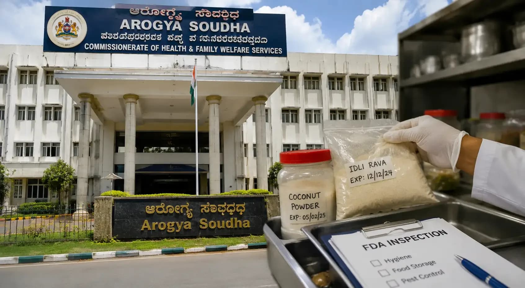 Arogya Soudha, Karnataka Health Department headquarters in Bengaluru, where food safety officials inspected the canteen and found expired food items.
