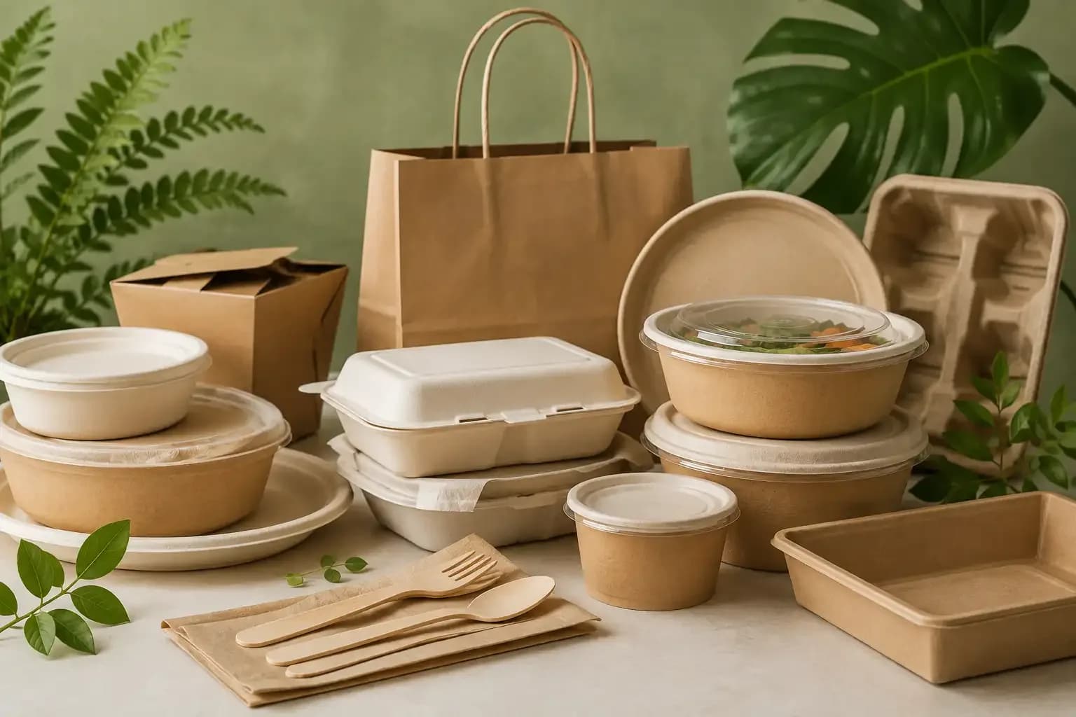 Sustainable food delivery packaging including compostable bowls, takeaway boxes, paper bags and wooden cutlery representing Zomato's PackSwitch initiative