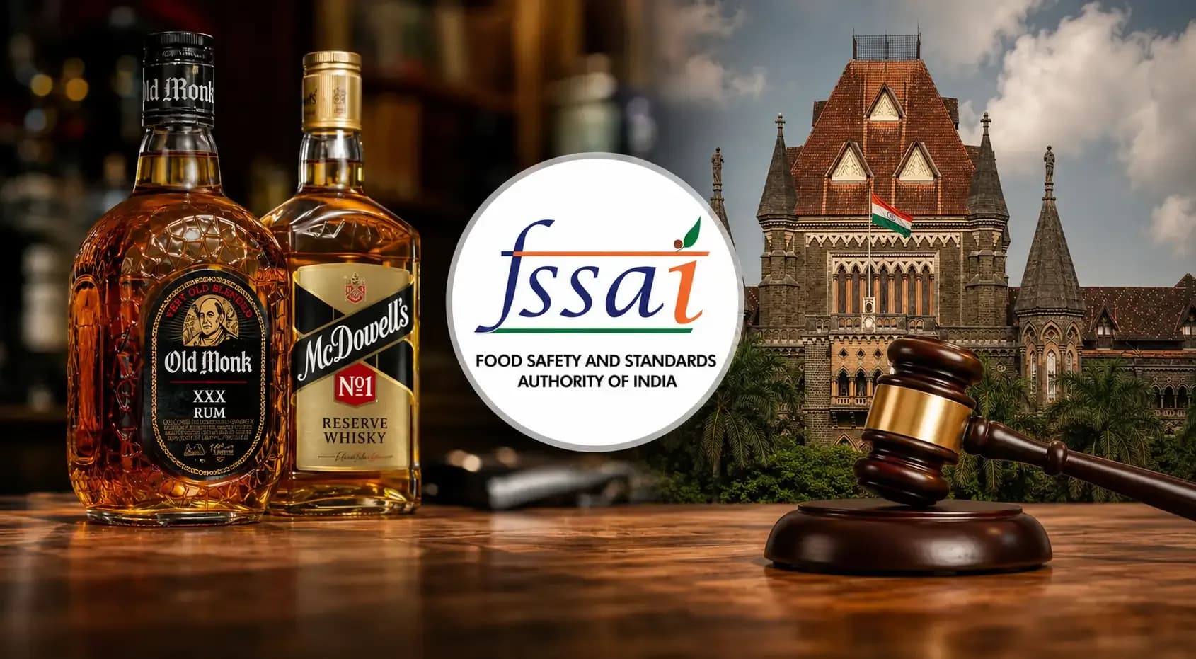 Old Monk and McDowell’s liquor bottles beside the FSSAI logo, Bombay High Court building and a judge’s gavel, representing the legal dispute over liquor labelling and flavouring regulations.
