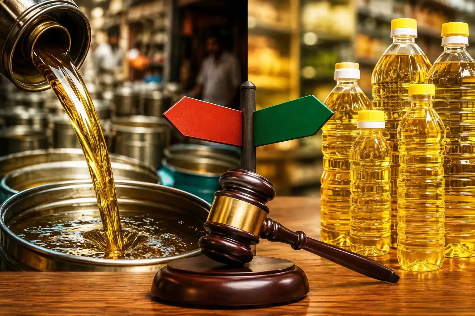 Maharashtra FDA loose edible oil ban reversal represented by bulk edible oil containers, packaged cooking oil bottles and a regulatory gavel in a market setting.