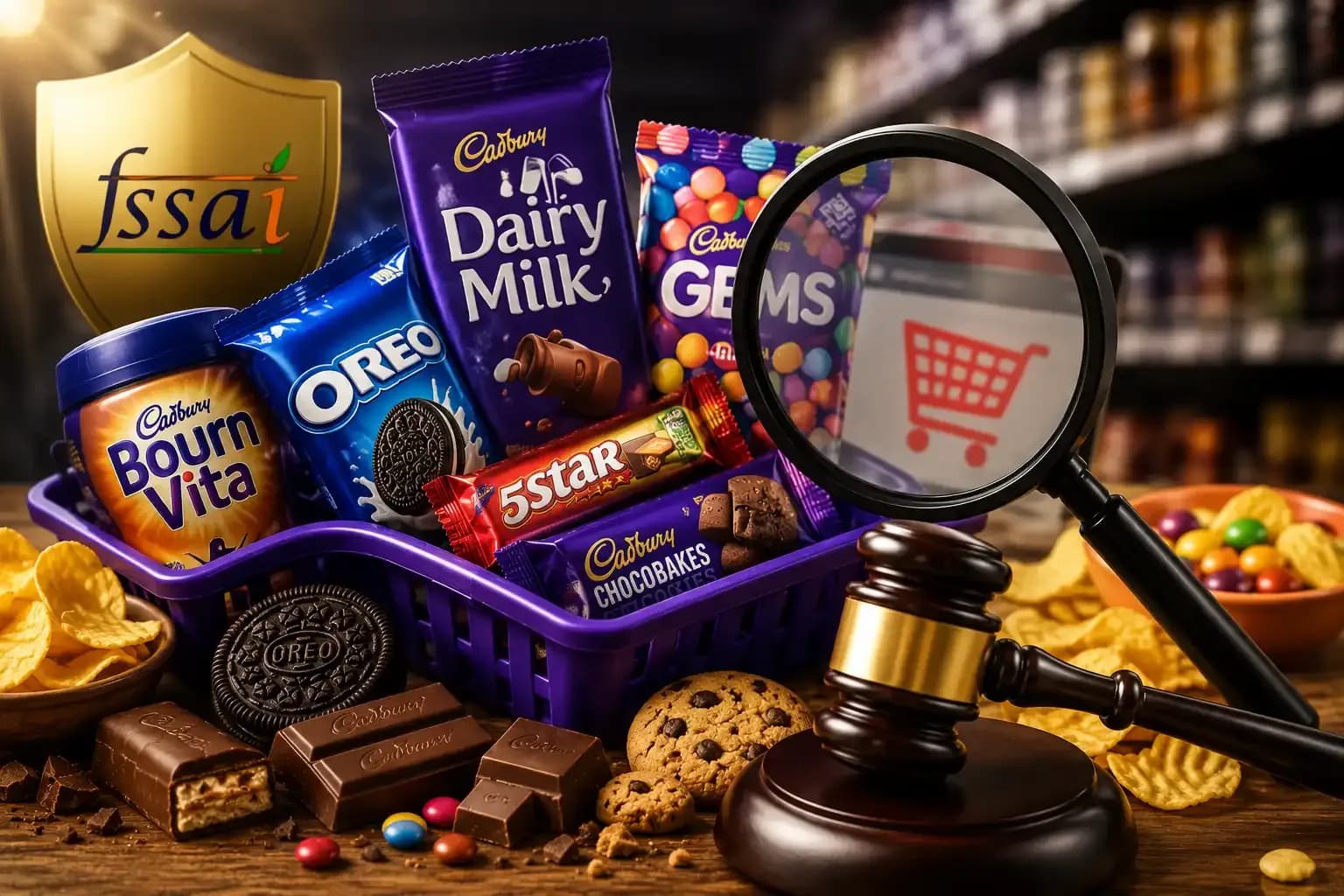 Packaged confectionery and snack products shown with a food safety inspection concept, representing FSSAI action over health and nutrient claims involving Mondelez India.