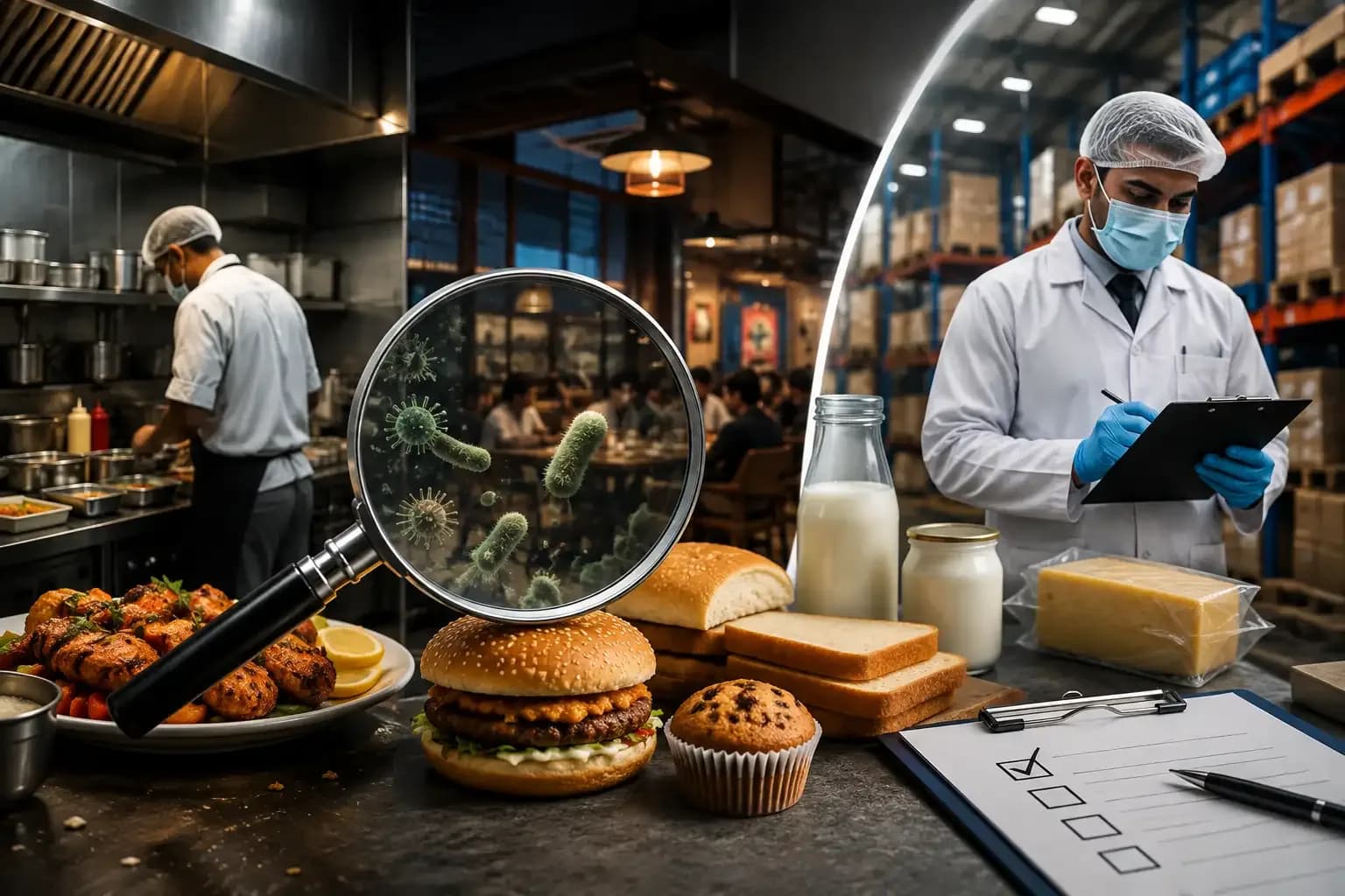 Food safety inspector inspecting a commercial kitchen and food products during FSSAI crackdown on restaurants and food manufacturers in India.