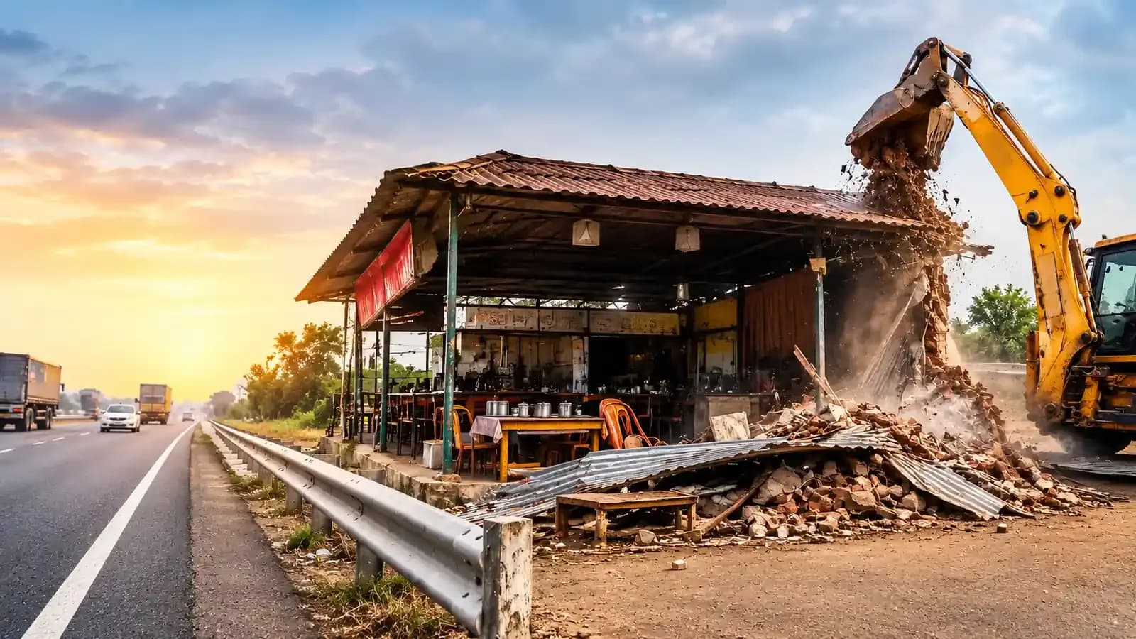 Excavator demolishing an unauthorised roadside dhaba beside a National Highway in Maharashtra, with highway traffic and trucks visible in the background.