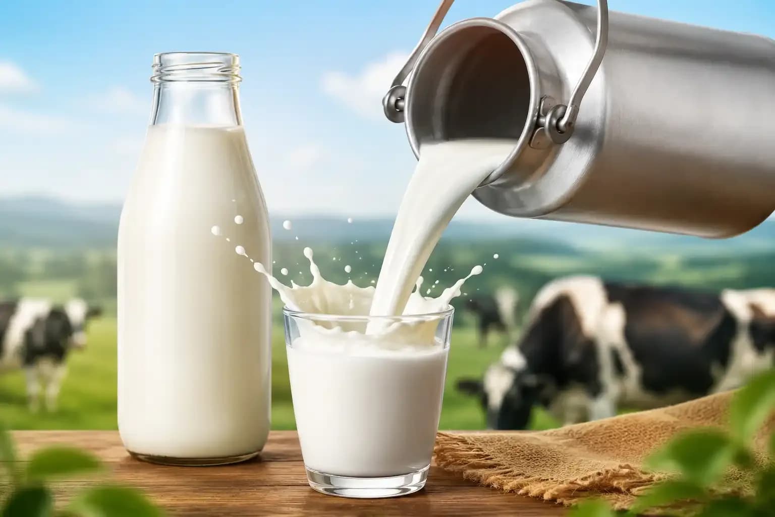 Fresh milk being poured into a glass with dairy cows in the background, representing the upcoming Mumbai tabela milk price hike.