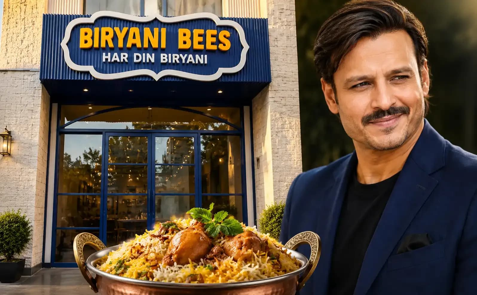 Biryani Bees outlet with actor Vivek Oberoi and a bowl of biryani, representing the company's $1 million funding from Vivek Oberoi Family Office