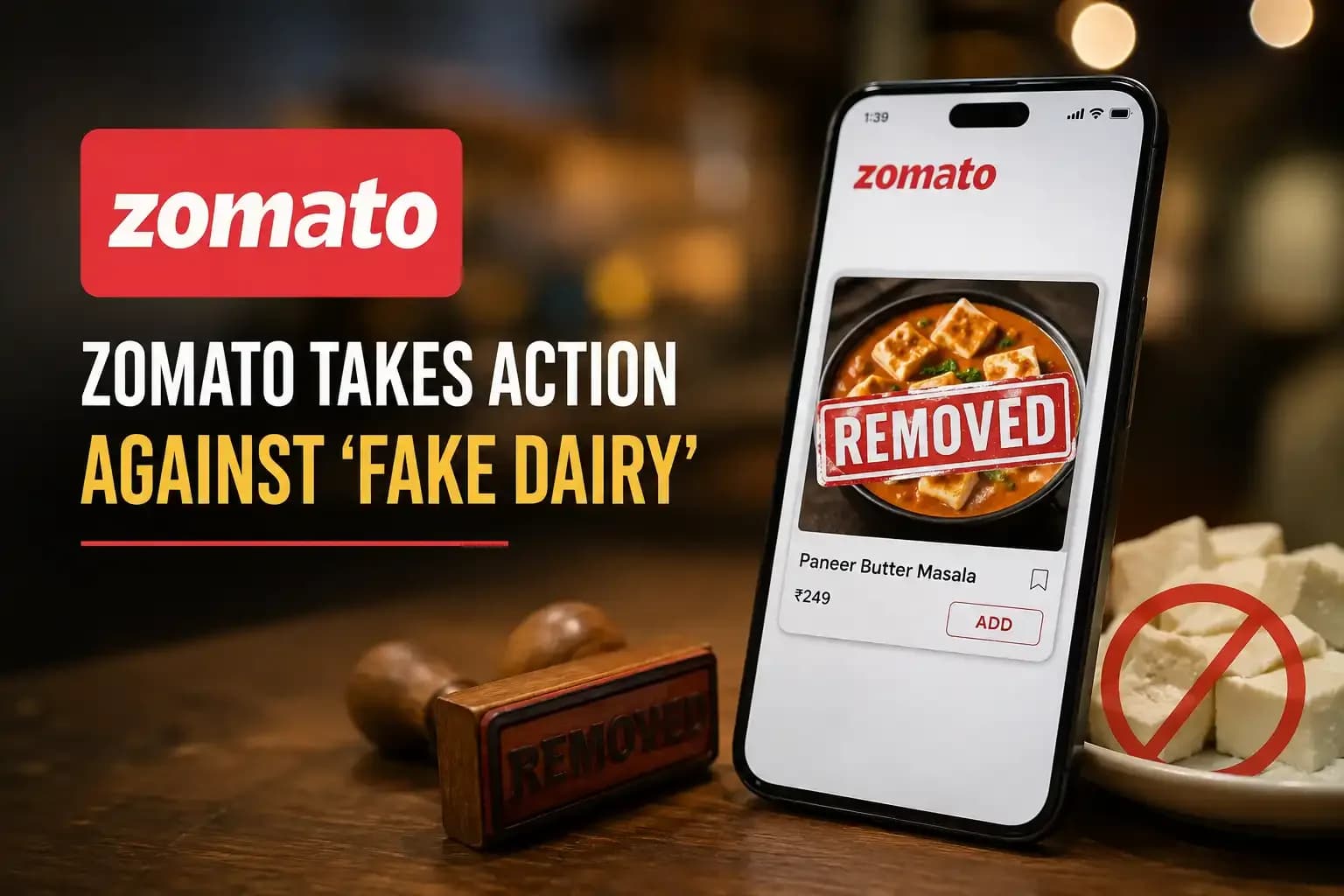 Zomato takes action against fake dairy dishes, with a paneer dish marked removed on the food delivery platform.