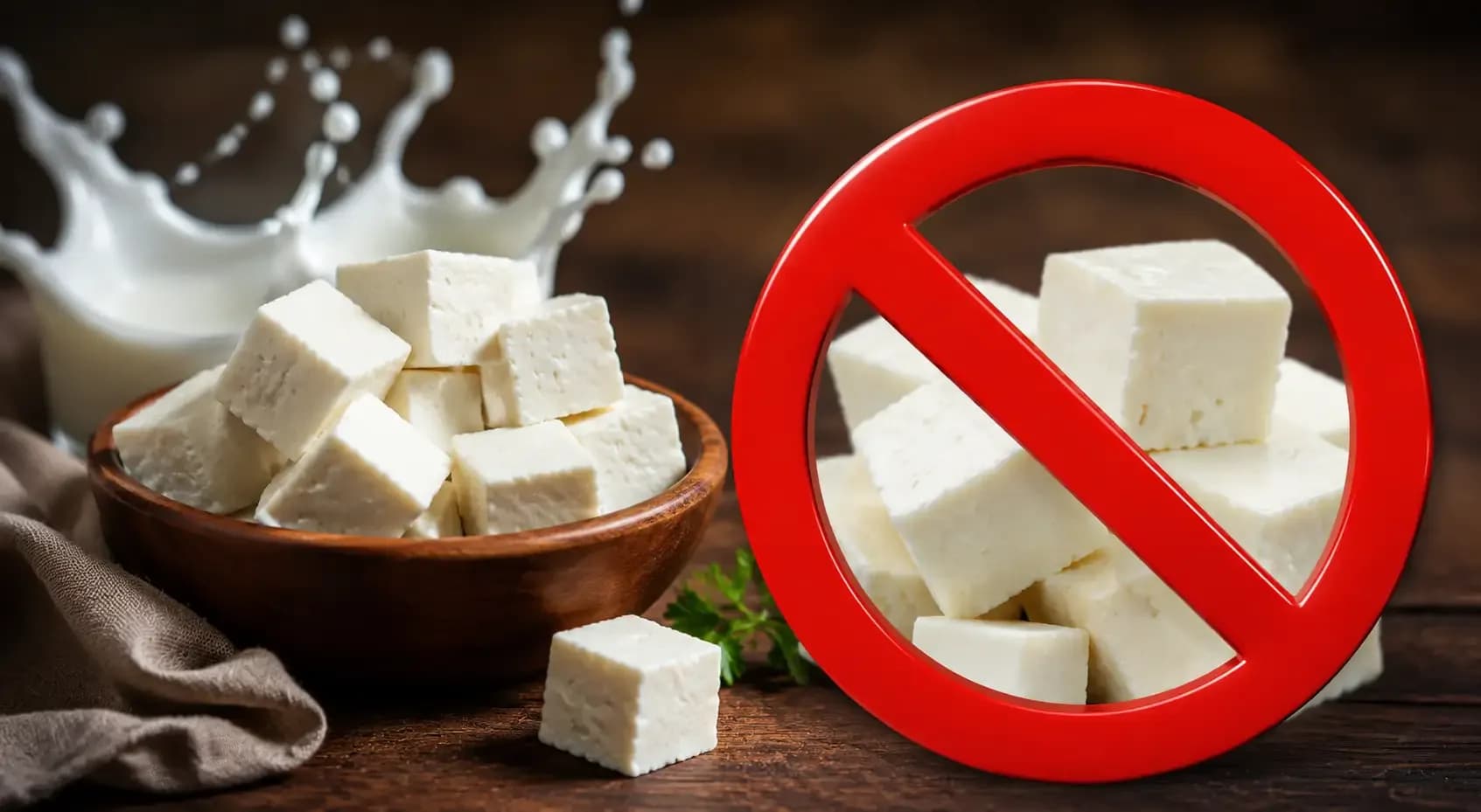 Photorealistic banner showing fresh paneer cubes with a prohibition symbol, representing Maharashtra's ban on misleading non-dairy analogue paneer sold as real paneer.