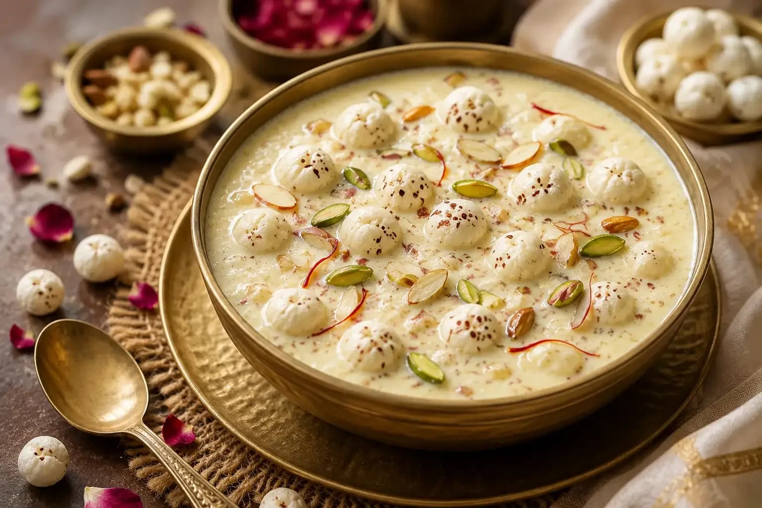 Creamy Makhana Kheer served in a traditional brass bowl, garnished with saffron, almonds, pistachios, and roasted fox nuts, perfect for Navratri and vrat fasting.