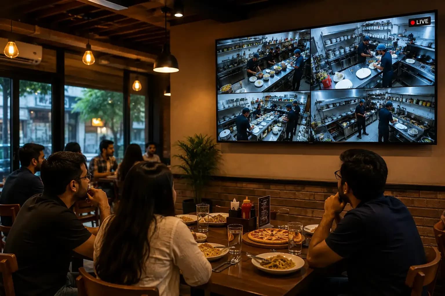 Customers dining in an Ahmedabad restaurant while watching a live CCTV feed of the kitchen on a wall-mounted screen