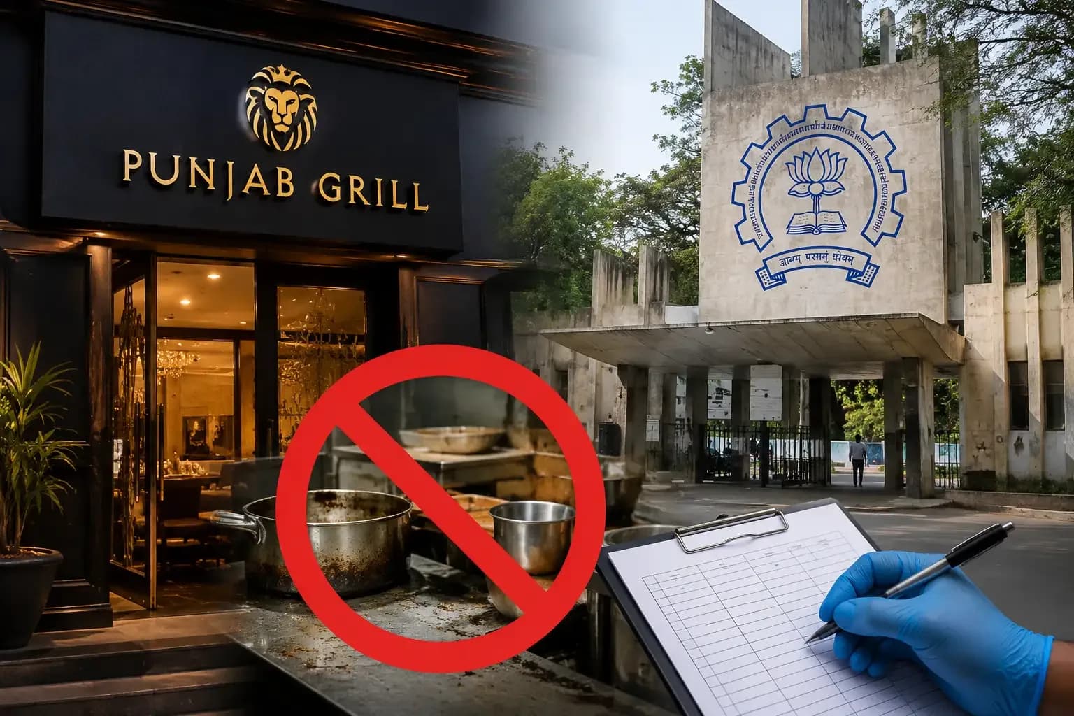 Punjab Grill restaurant and IIT Bombay campus shown alongside a food safety inspection scene, representing Maharashtra FDA action over food safety violations.