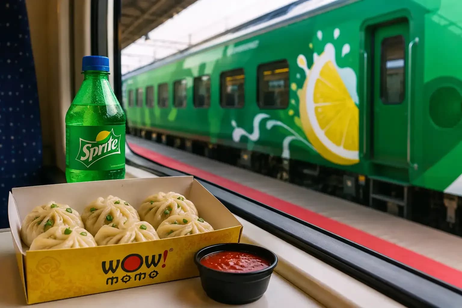 Wow! Momo momos and Sprite inside a train with the branded Sprite Tejas Express visible through the window