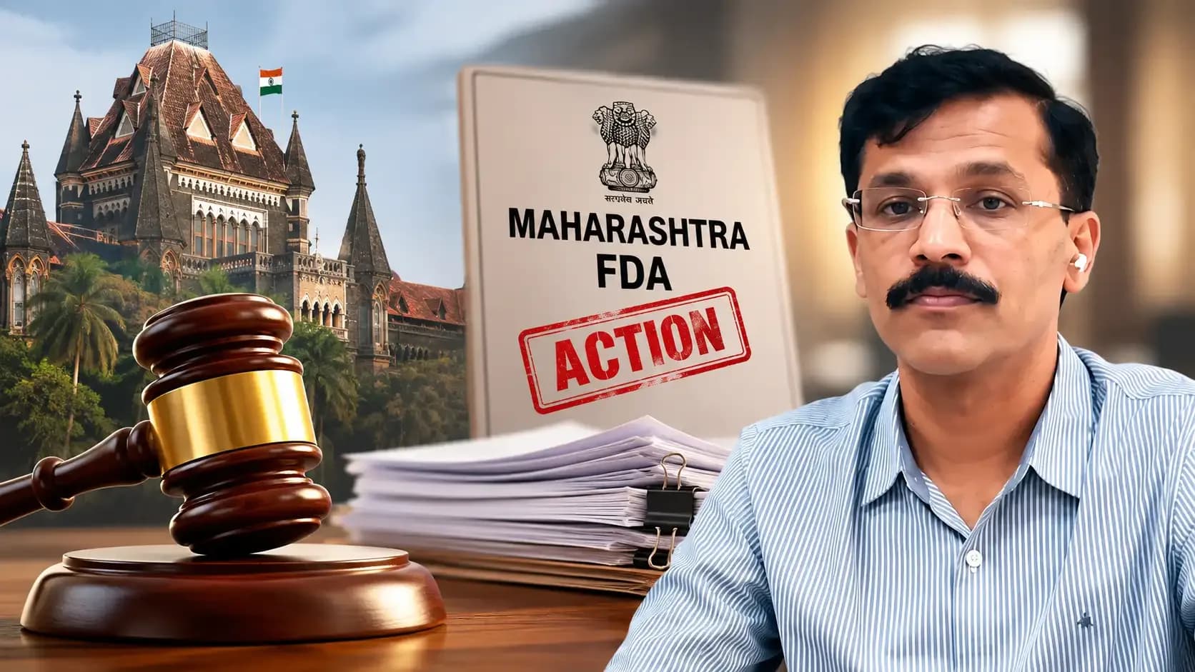 Bombay High Court directs Maharashtra FDA to pay ₹5 lakh compensation to a Pune sweet shop after its licence remained suspended despite 98% compliance; Maharashtra FDA official pictured alongside the court and legal imagery.