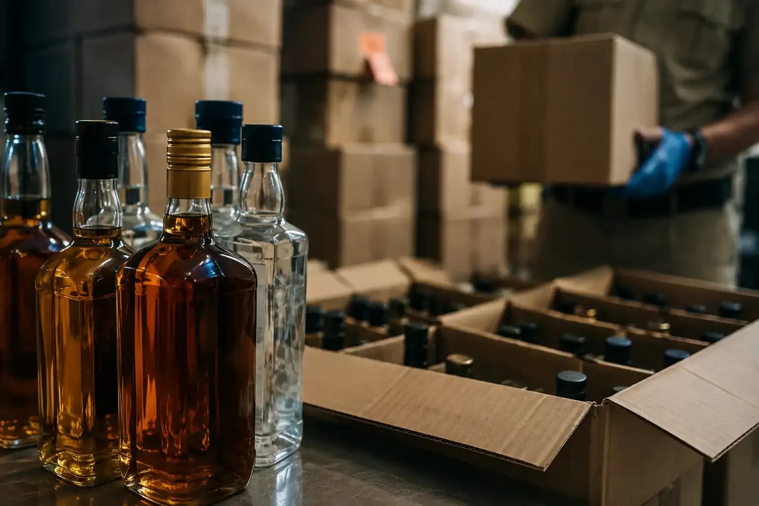 Diageo whisky and vodka bottles in a storage facility, illustrating the FSSAI seizure of nearly 18,000 liquor boxes over recycled-PET packaging marking violations in Bengaluru.