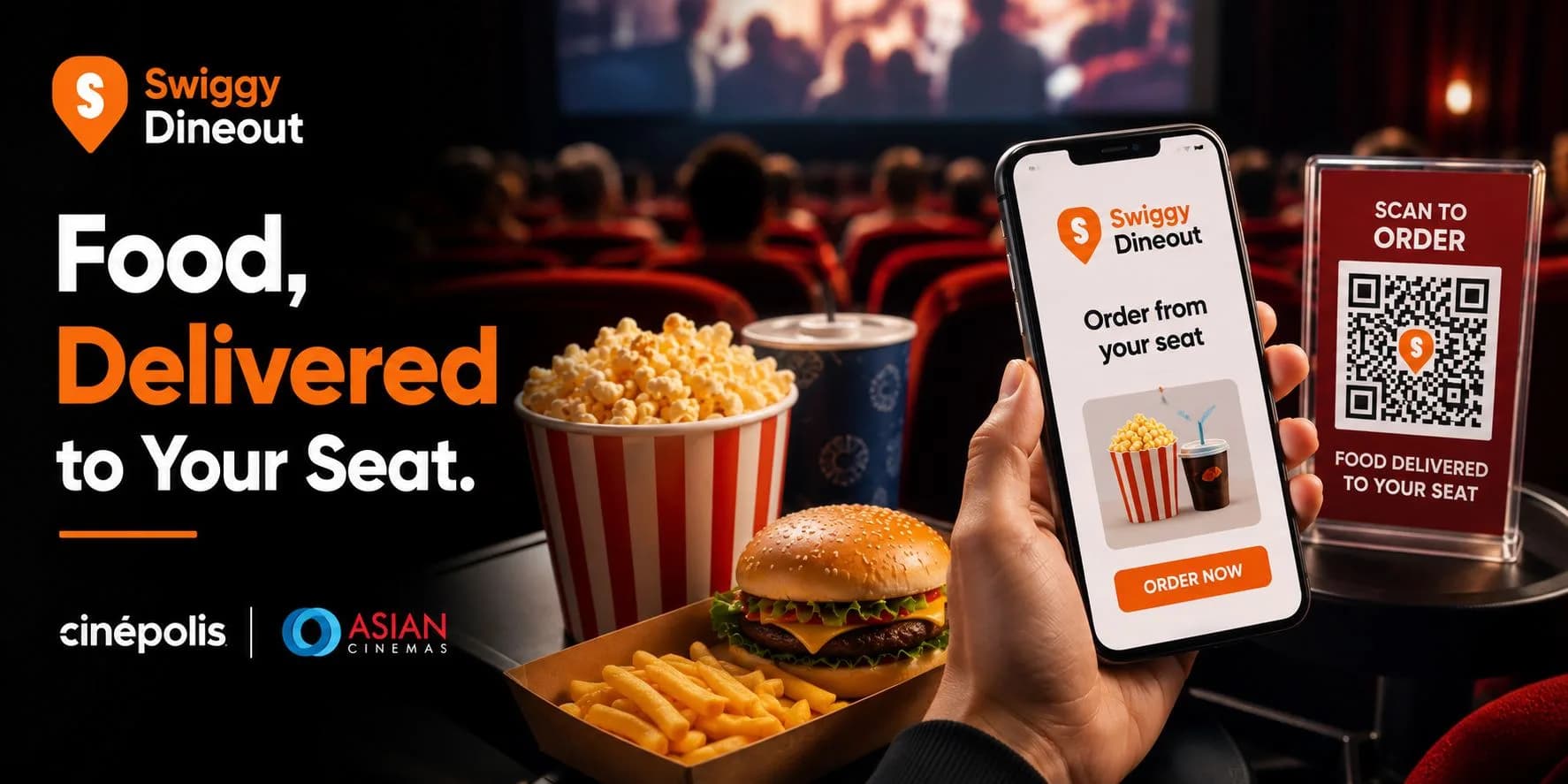 Swiggy Dineout launches in-seat food ordering at Cinepolis and Asian Cinemas, allowing moviegoers to order food from their cinema seats.