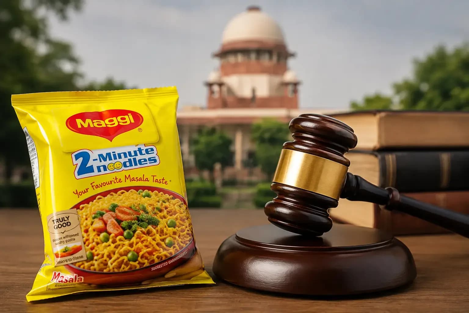 Editorial-style image featuring a Maggi 2-Minute Noodles pack beside a judge's gavel with a courthouse in the background, representing the Delhi High Court's decision to quash criminal proceedings against Nestlé India in the 2015 Maggi Noodles case.