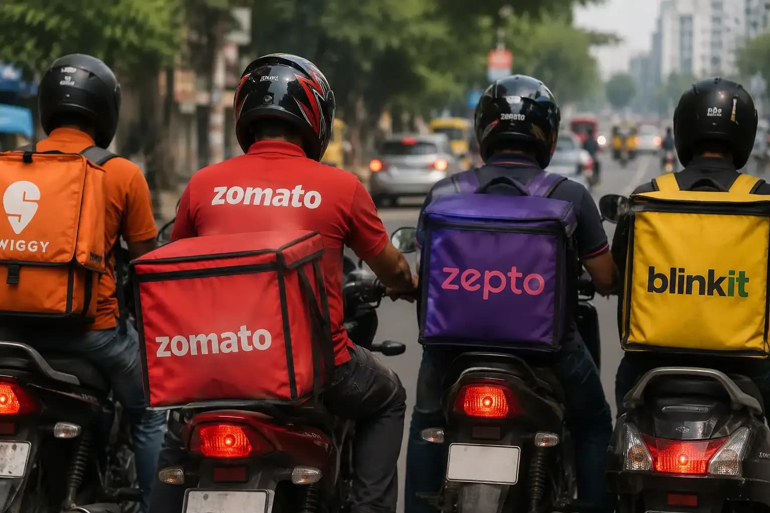 Delivery riders on scooters in an urban Maharashtra street, representing proposed bike-taxi regulations for Swiggy, Zomato, Zepto and Blinkit.