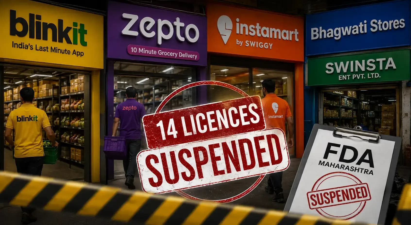 Maharashtra FDA suspends 14 food-business licences linked to Blinkit, Zepto, Instamart and other establishments following food-safety inspections.