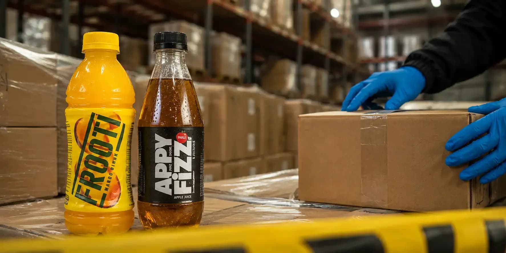Maharashtra FDA inspection at a Chembur warehouse showing Frooti and Appy Fizz bottles amid packaged goods and warehouse boxes.