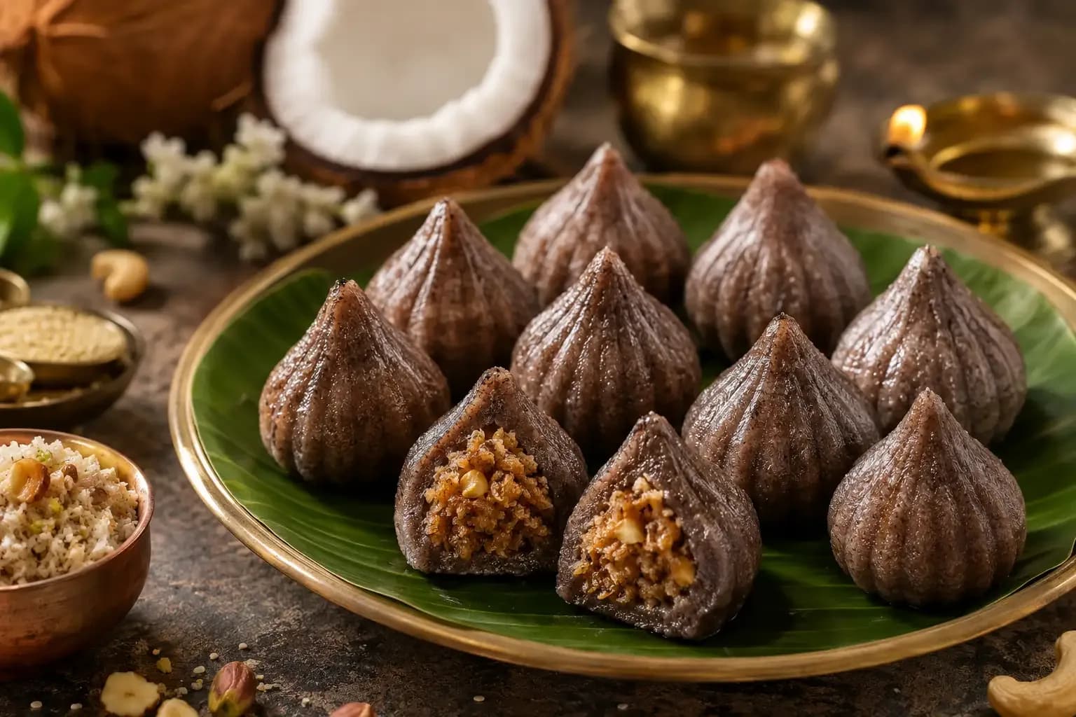 Homemade ragi modaks made with finger millet flour and filled with coconut and jaggery, served on a banana leaf in a festive Indian setting.