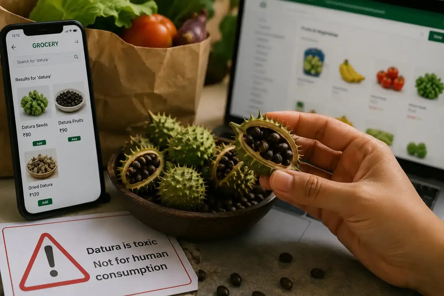 Datura fruits and seeds shown beside an online grocery shopping screen, highlighting food-safety concerns over toxic Datura being sold through digital marketplaces in Karnataka.