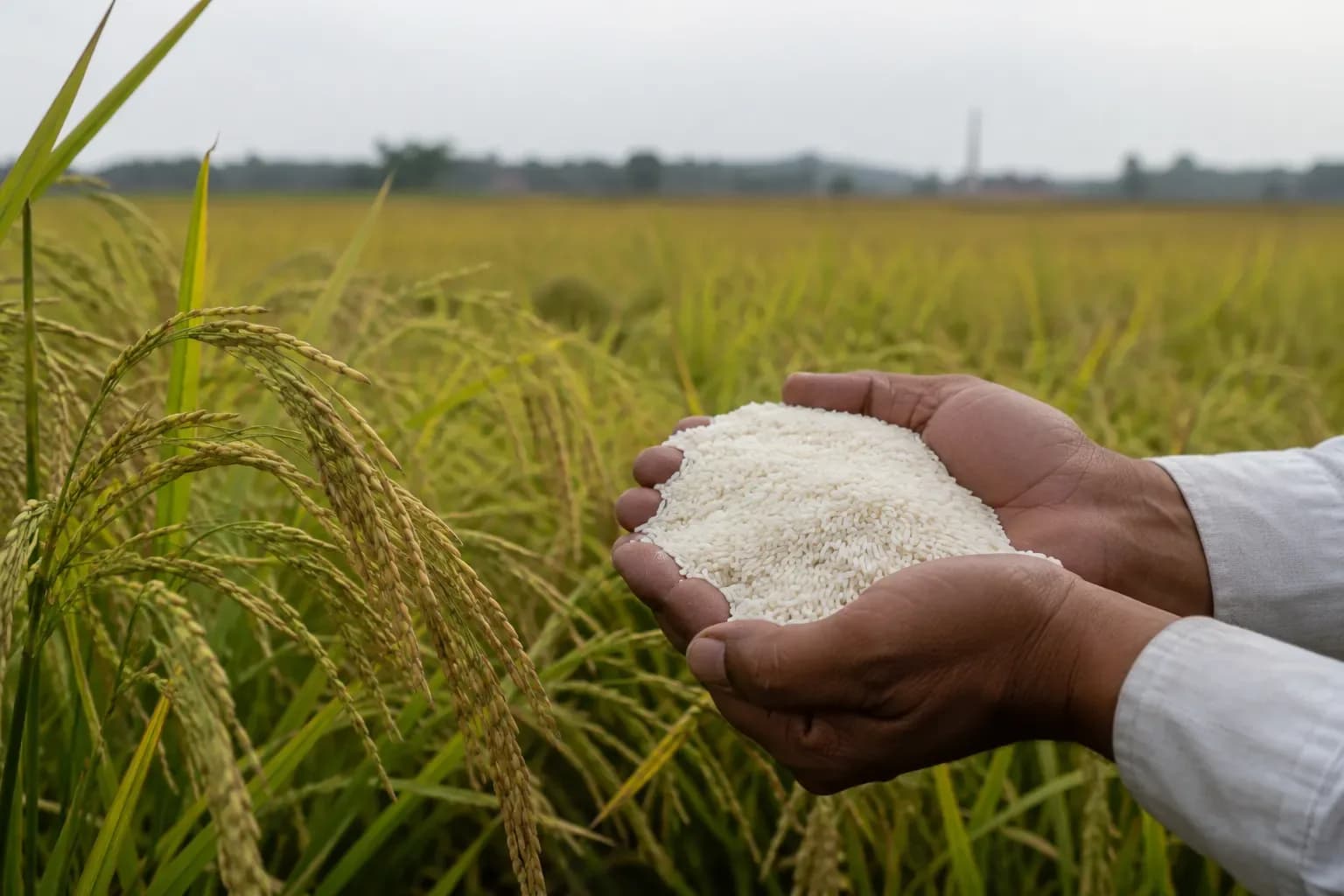 Farmer holding raw rice grains in a paddy field, illustrating the potential impact of rising global food prices and FAO's warning on rice production and food security.