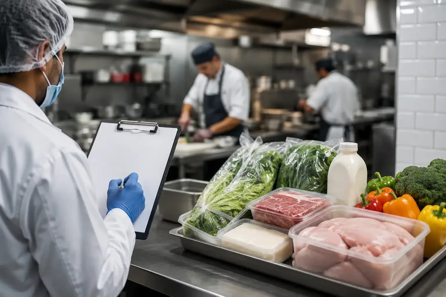 Food safety inspector checking ingredients in a commercial hotel kitchen during inspections of 26 three-star and five-star hotels in Bengaluru.