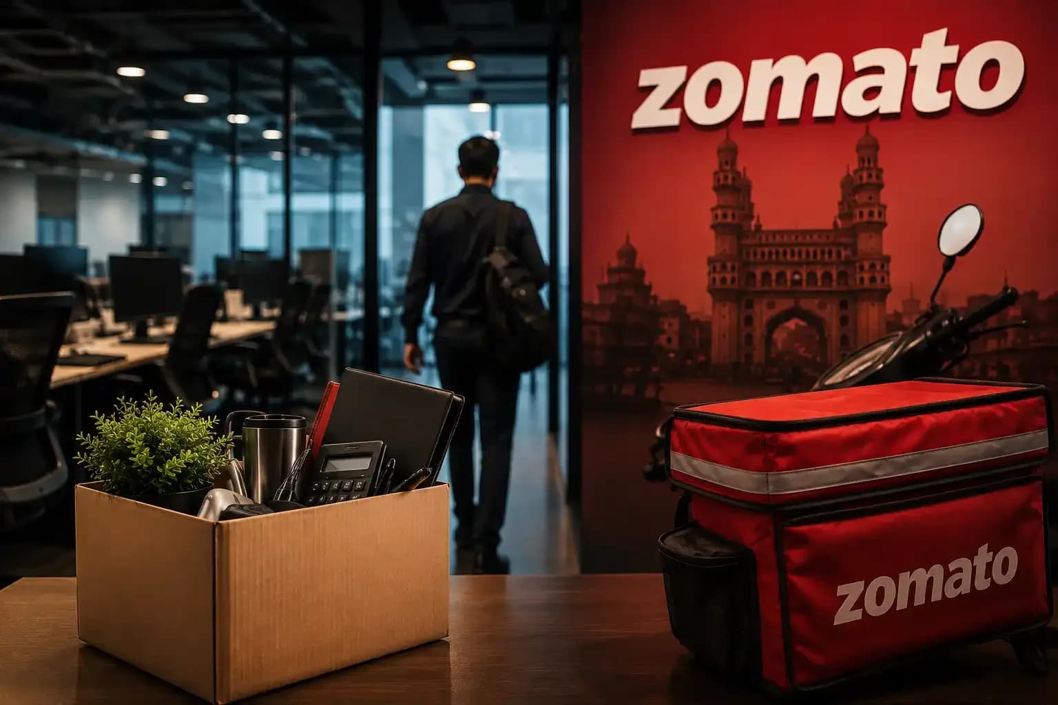 Zomato-themed Hyderabad office closure concept showing an employee leaving an office, packed belongings, a Zomato delivery bag and the Charminar in the background.