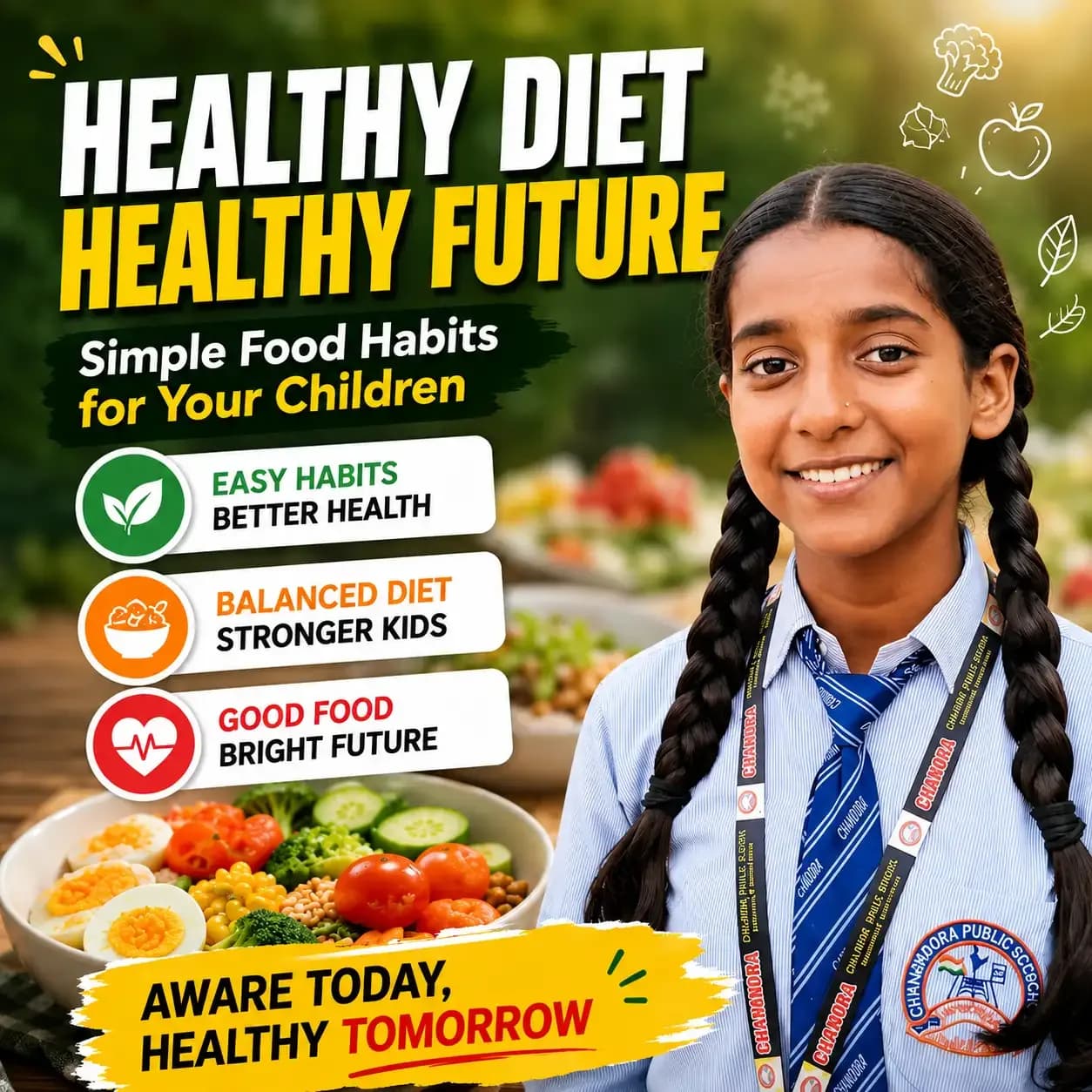 Schoolgirl promoting healthy eating habits and a balanced diet for children.