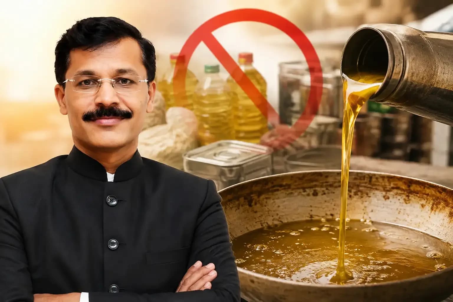 Maharashtra FDA Commissioner Tukaram Mundhe pictured alongside edible oil containers and cooking oil, illustrating the statewide ban on the sale of loose edible oil.
