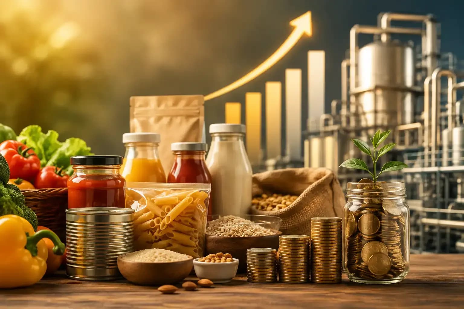 Indian food and beverage industry represented by packaged foods and food manufacturing equipment alongside rising investment bars and stacked coins, symbolising the surge in private credit investment in H1 2026.
