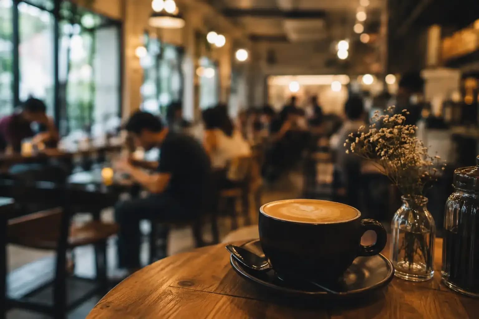 A premium specialty coffee served in a modern café with professionals working in the background, representing India's growing premium coffee culture and work-from-café lifestyle.