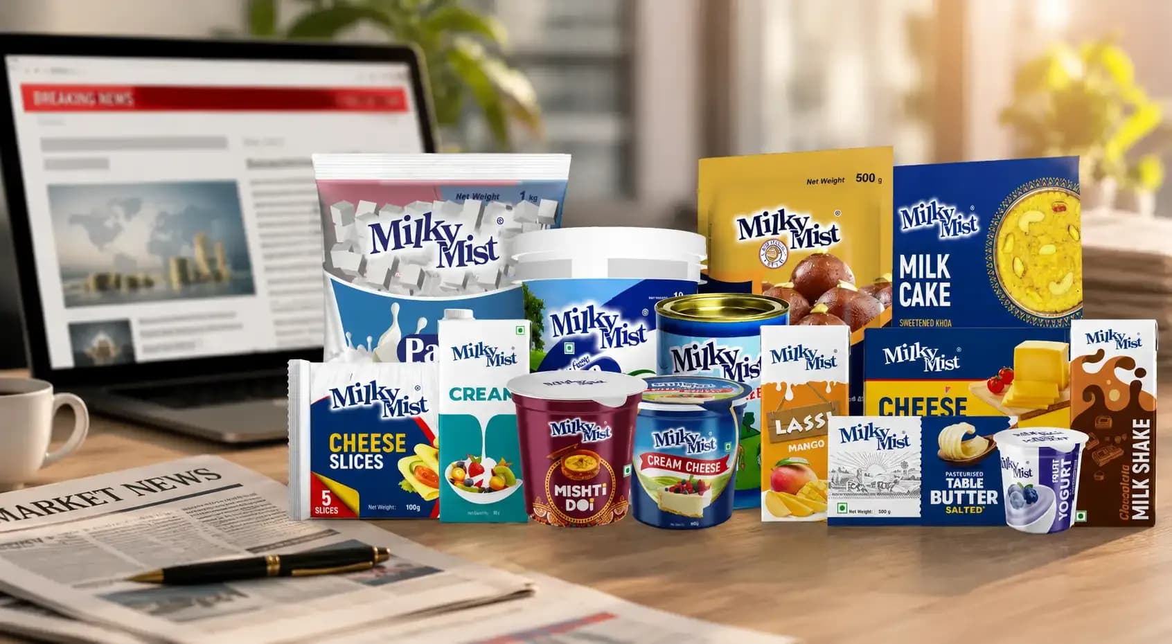 Milky Mist dairy products displayed in an editorial news setting for its ₹1,553-crore IPO story