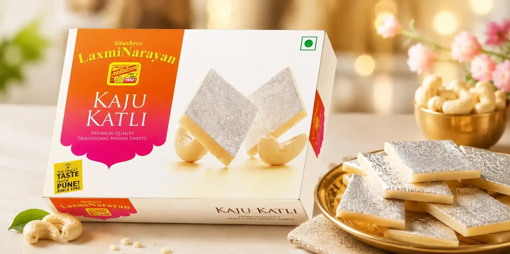 Laxmi Narayan Kaju Katli box and kaju katli sweets, featured in a Maharashtra FDA investigation after a consumer complaint at a Reliance Retail outlet in Buldhana.