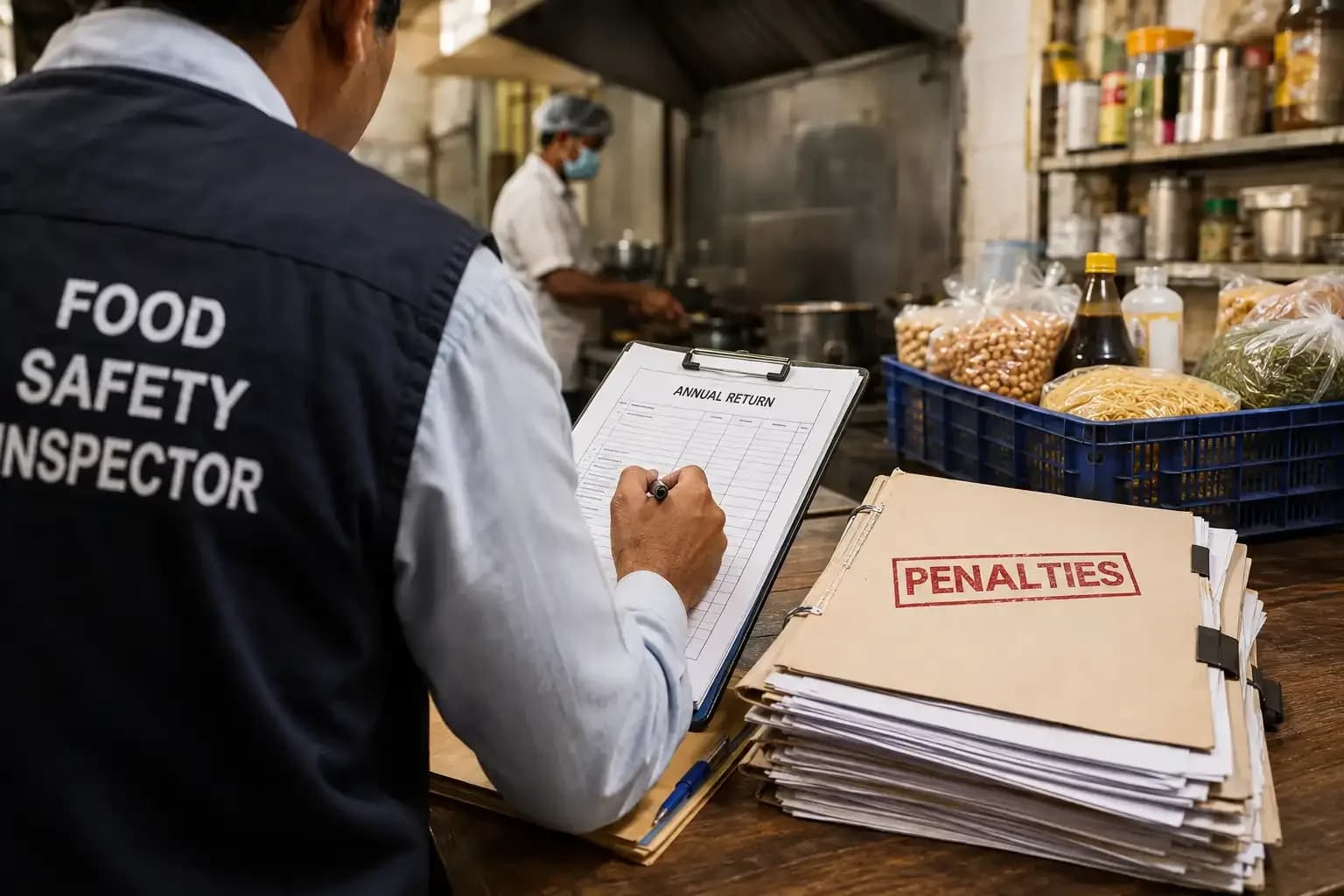 Food safety inspector reviewing annual return documents and penalty records inside a commercial kitchen
