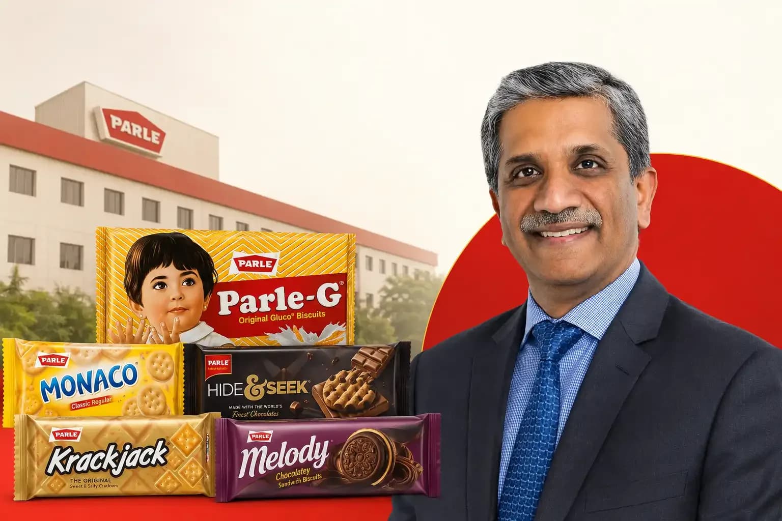 George Kovoor appointed Parle Products' first-ever CEO, pictured alongside Parle-G, Monaco, KrackJack, Hide & Seek and Melody products