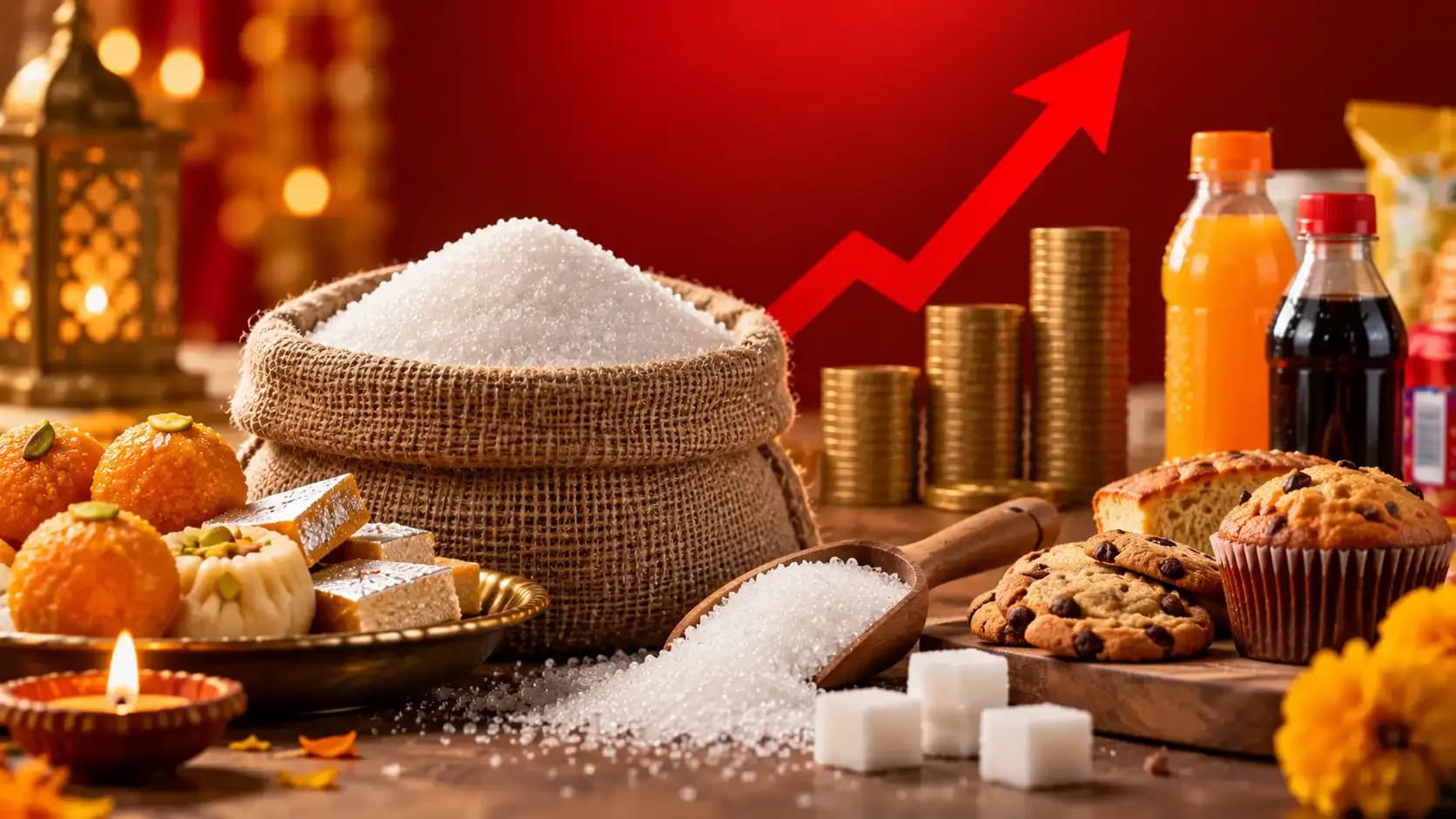 Indian festive sweets, sugar and bakery products representing rising sugar prices ahead of Diwali