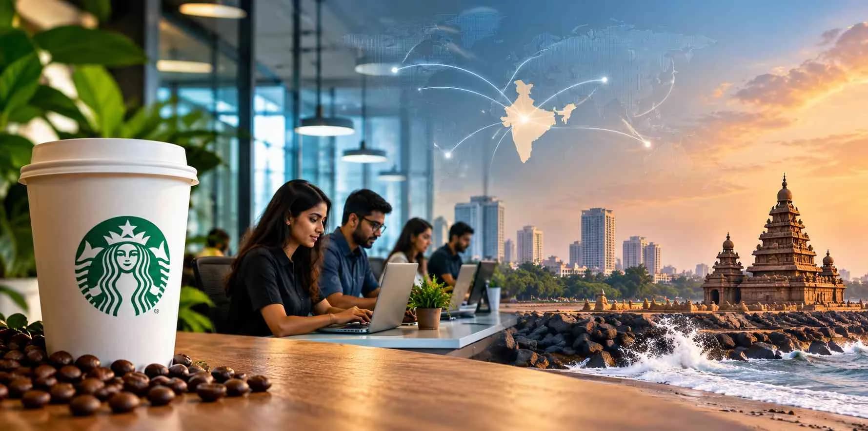 Starbucks global technology hub in Chennai, India with technology professionals working in a modern office alongside a coffee cup and Chennai skyline.