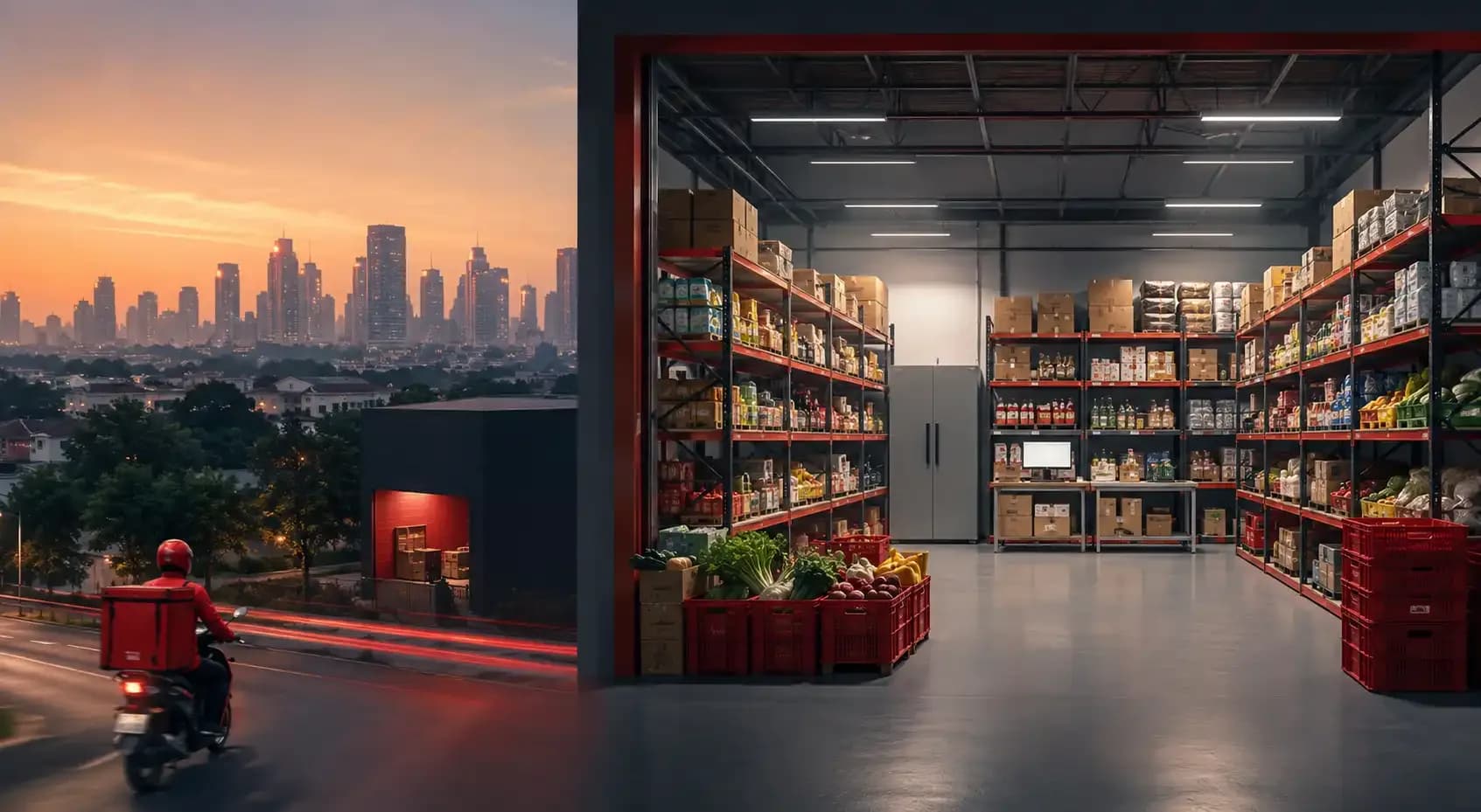 Quick-commerce dark store with stocked food and FMCG shelves alongside a delivery rider serving an urban neighbourhood