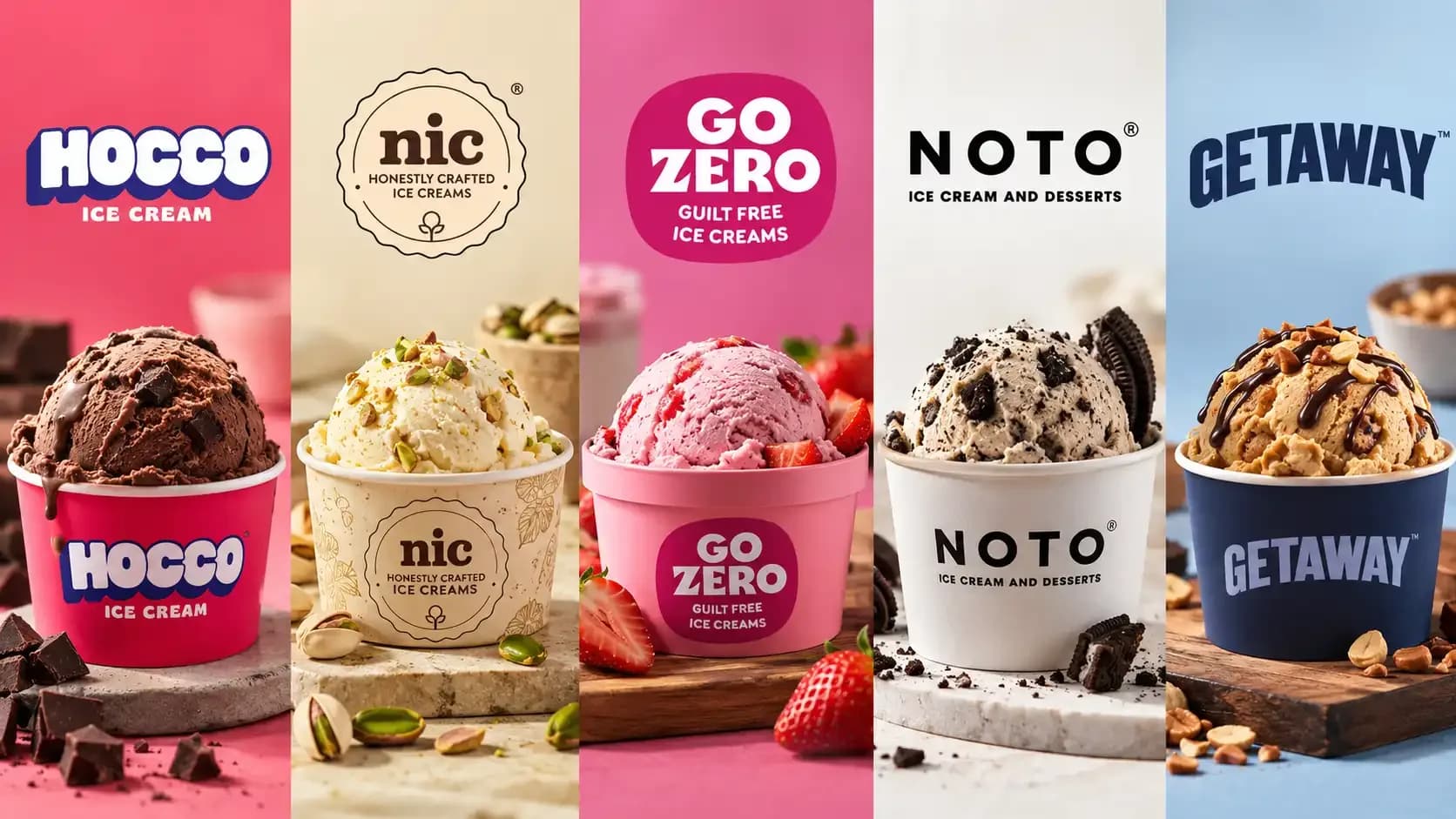 Banner featuring five emerging Indian ice-cream brands — Hocco, NIC, Go Zero, NOTO and Getaway — with their original brand logos and ice-cream products.