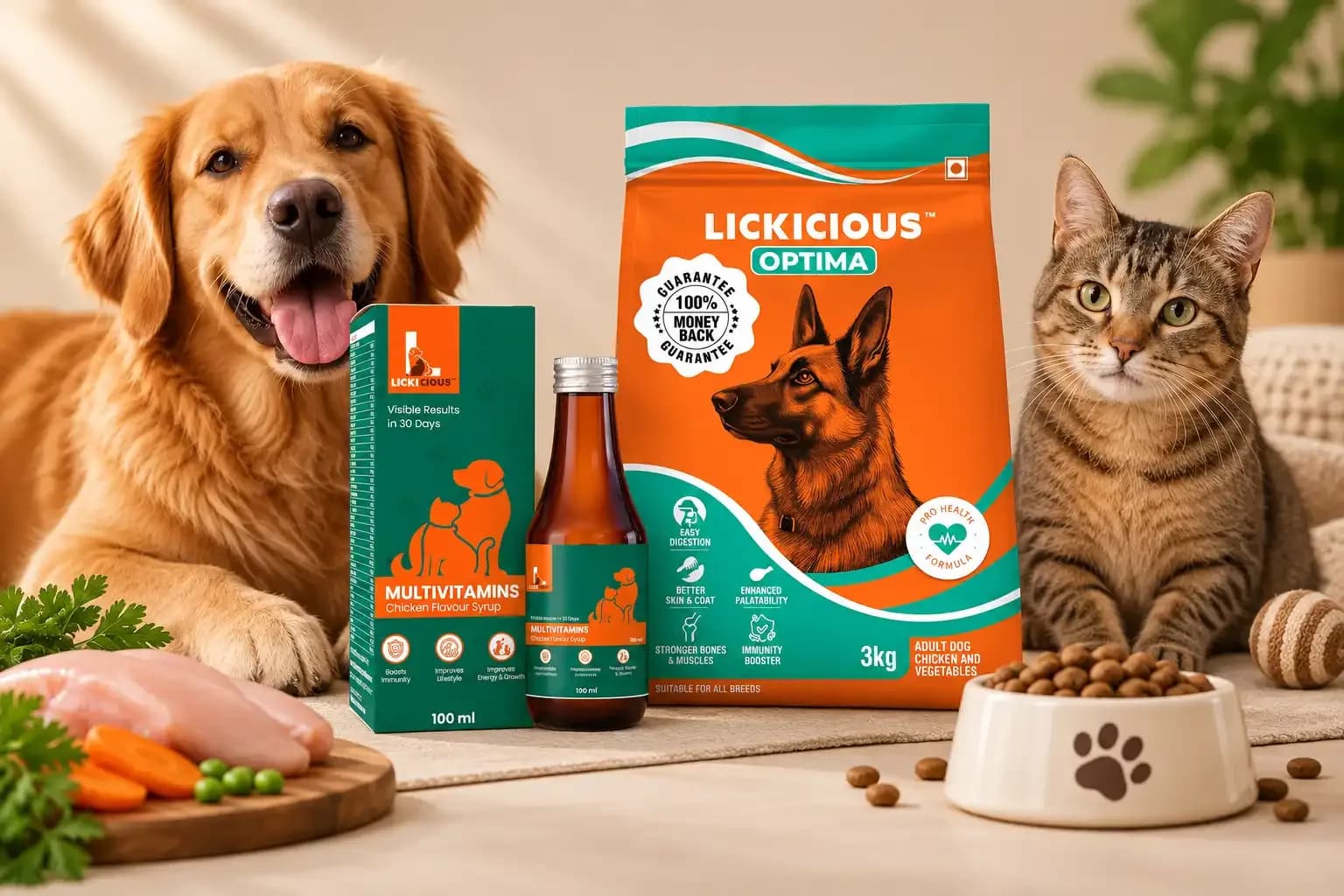 Lickicious pet food products featuring Optima dog food and multivitamin syrup with a dog and cat, highlighting the brand’s expansion in India’s pet-food market
