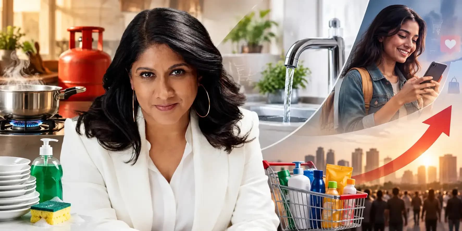 HUL MD and CEO Priya Nair featured alongside Indian household, LPG, tap water, digital shopping and FMCG consumption imagery, representing India's changing consumer habits.