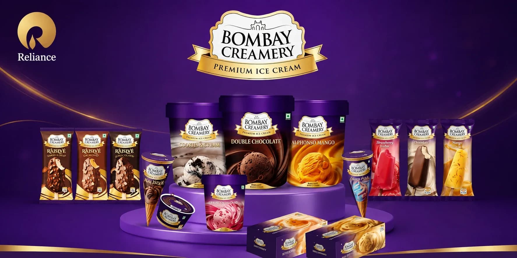 Bombay Creamery ice-cream product range launched by Reliance Consumer Products, featuring tubs, cones, bars and other ice-cream formats against a purple brand backdrop.